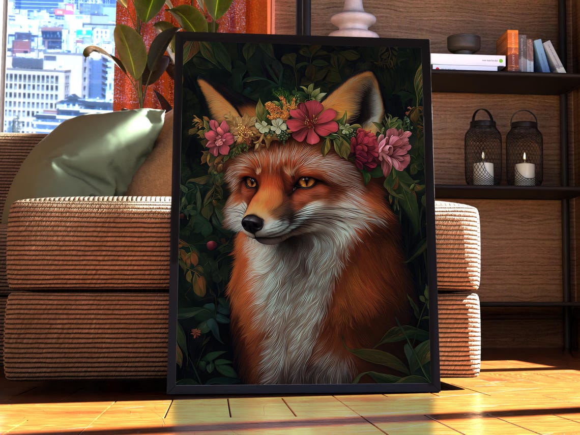 Red Fox Wearing a Pink Flower Crown Botanical Portrait Poster