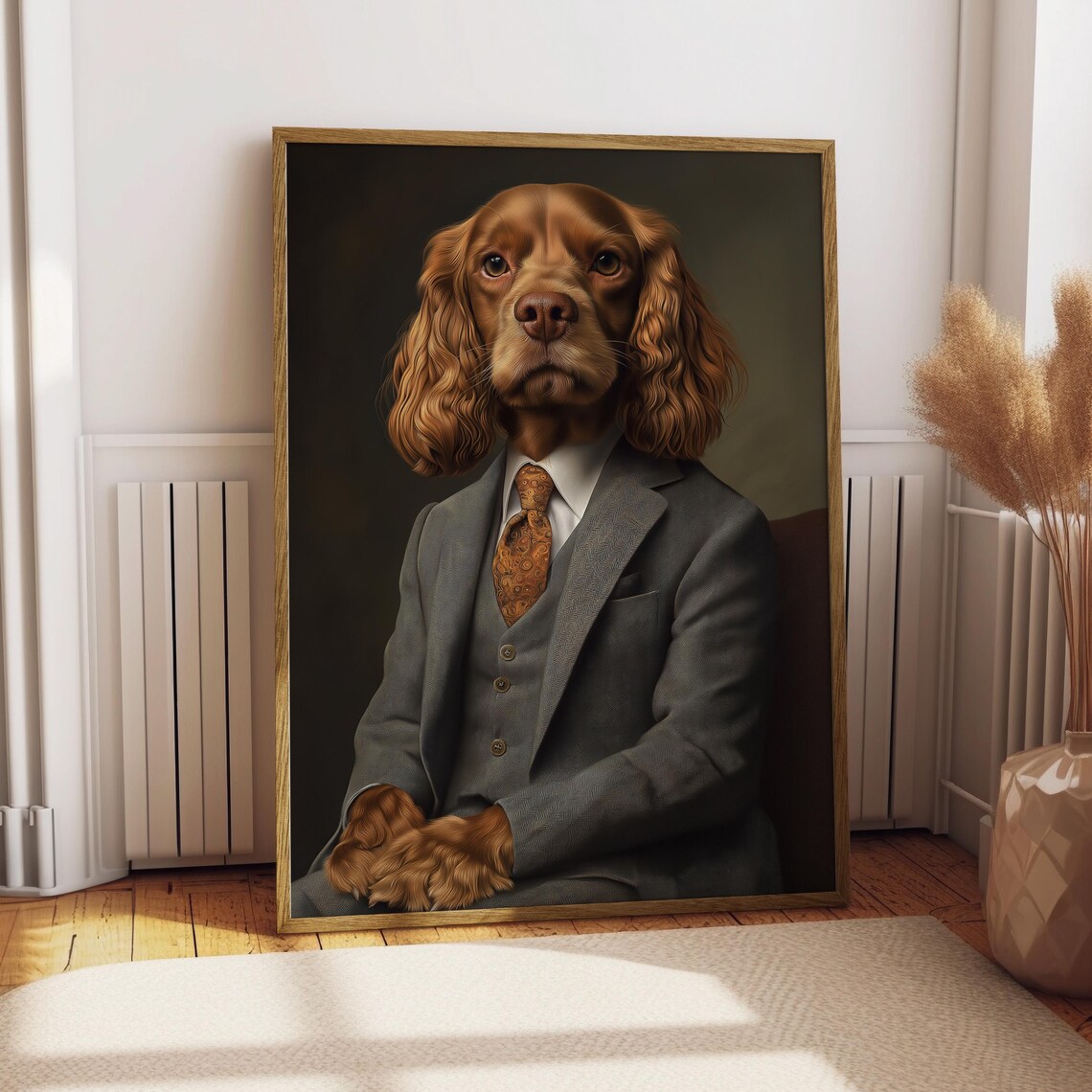 Sussex Spaniel in Gray Suit Portrait Print Paisley Tie Gentleman Dog