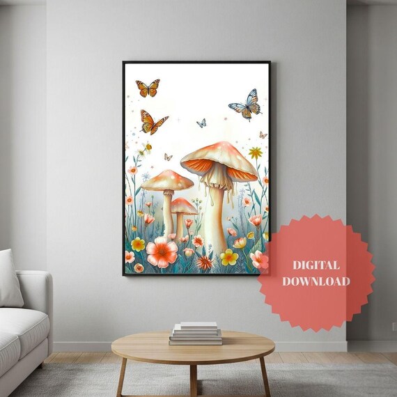 Dreamy Mushroom Meadow Illustration Pastel Colors Wall Art Nature Lover Gift Magical Fantasy Poster