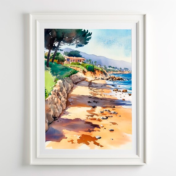 Pebble Beach Coastal Cottage Sunny Shoreline Watercolor Art Poster