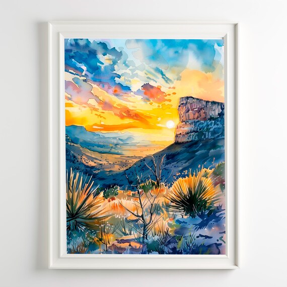 Guadalupe Mountains Sunrise Watercolor Desert Landscape Art Poster