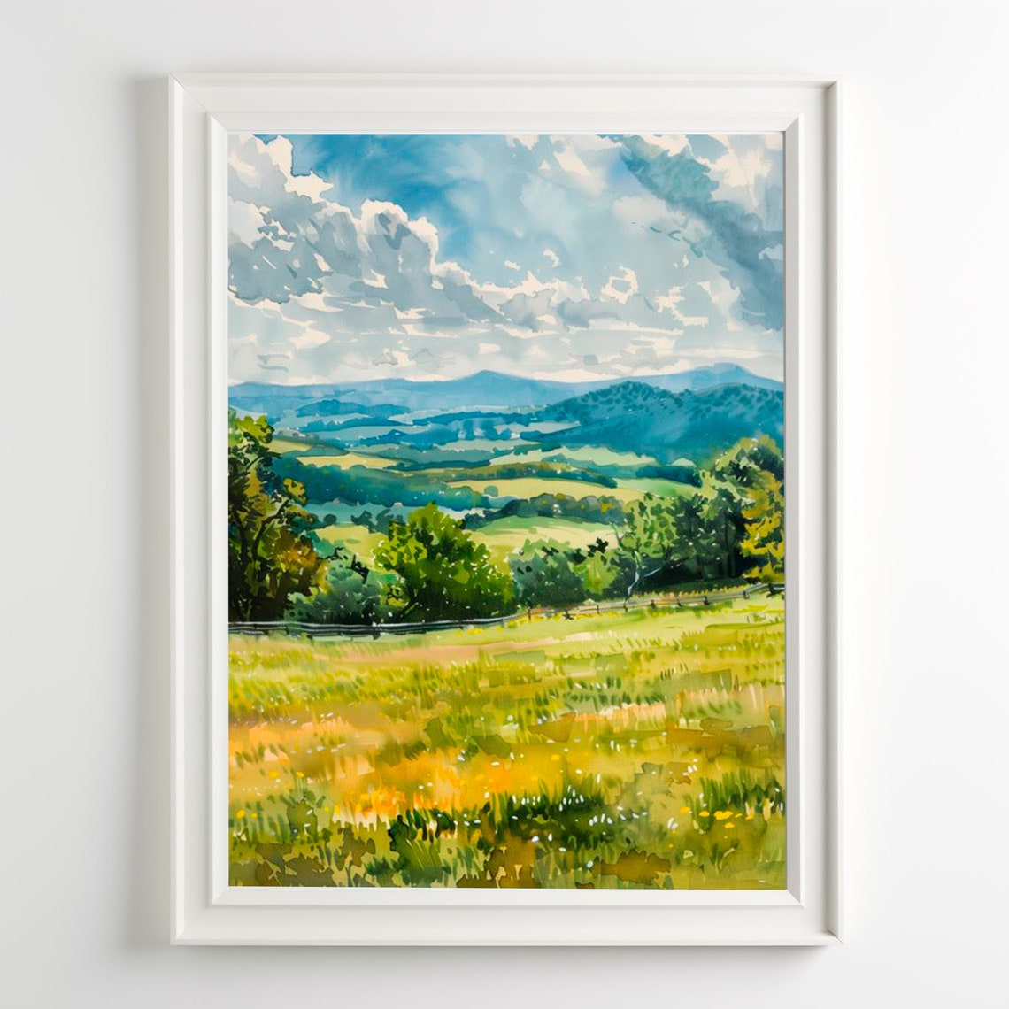 Rolling Hills Watercolor Landscape Blue Mountains Meadow Wall Art
