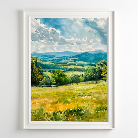 Rolling Hills Watercolor Landscape Blue Mountains Meadow Wall Art