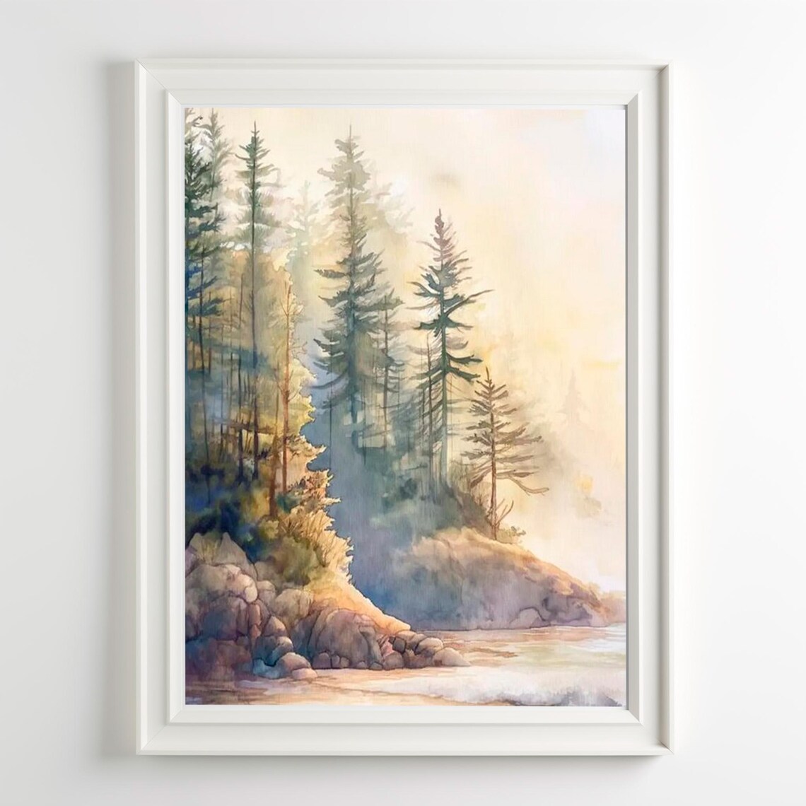 Misty Pine Forest Coastal Cliff Watercolor Nature Serene Wall Art