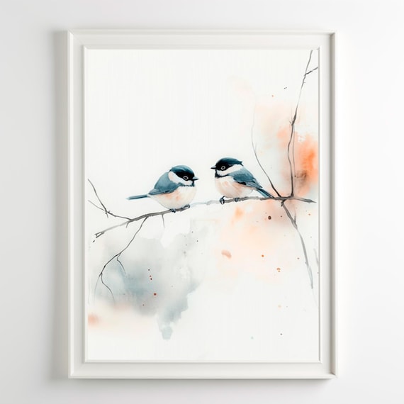 Chickadee Couple Watercolor Art Print Beige Farmhouse Wall Decor
