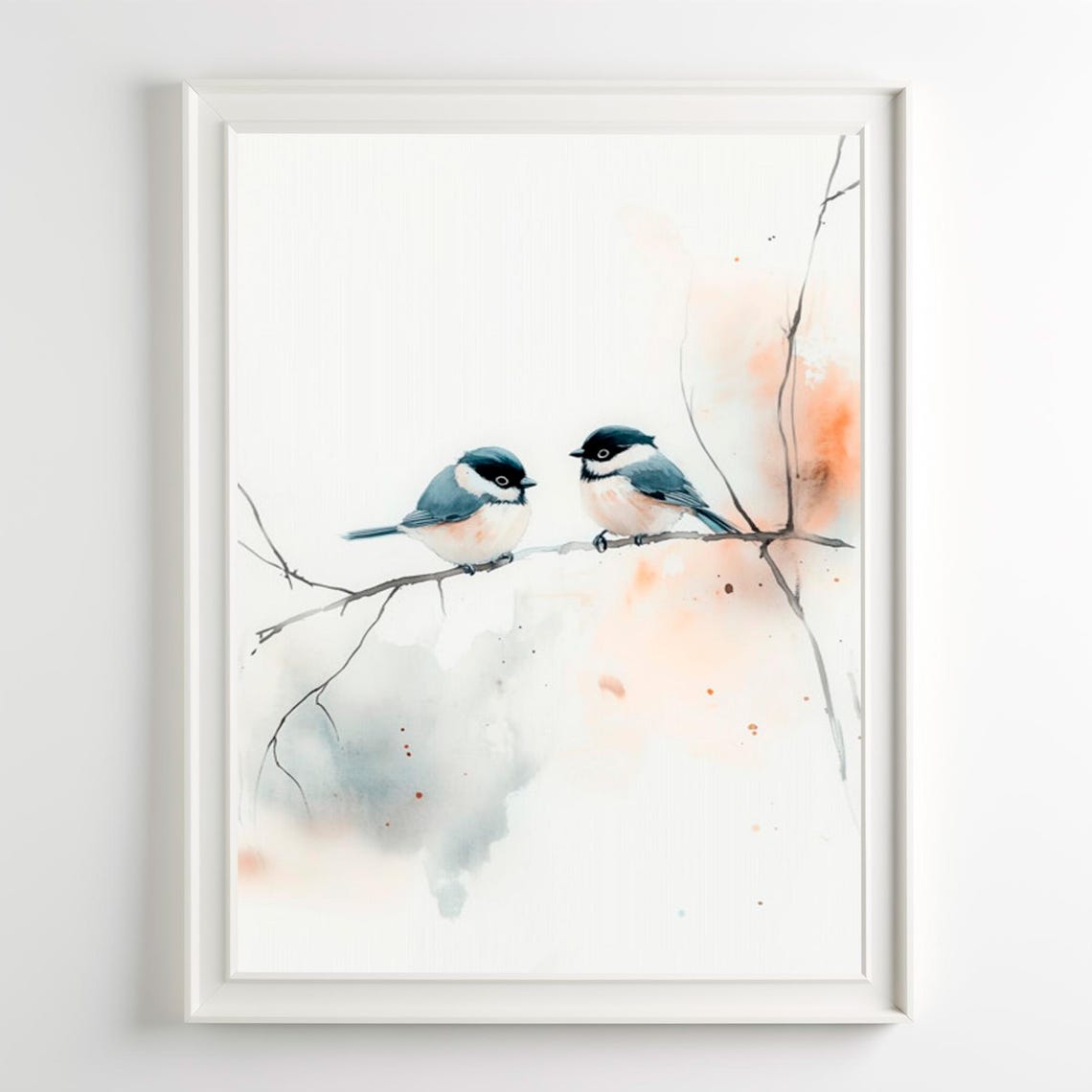 Chickadee Pair Watercolor Bird Art Beige Minimalist Nature Poster