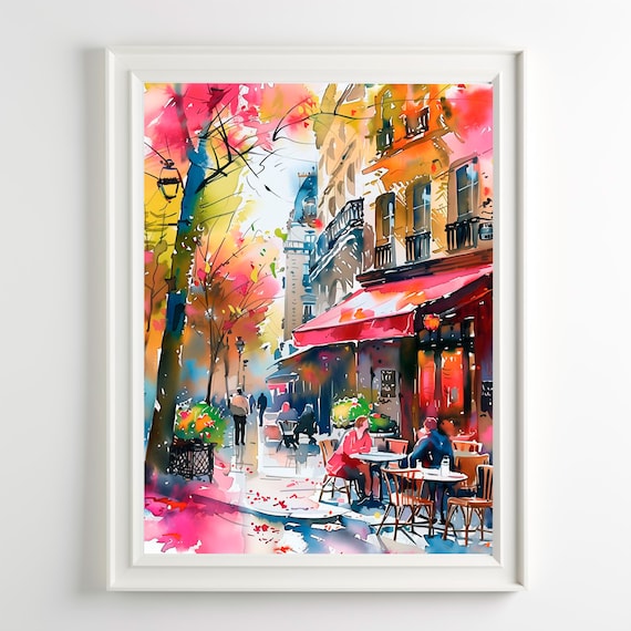 Colorful Watercolor Street Cafe Autumn Trees Vibrant City Art Poster