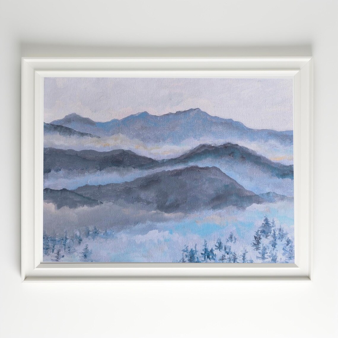 Misty Blue Mountain Landscape Foggy Hills Watercolor Art Poster