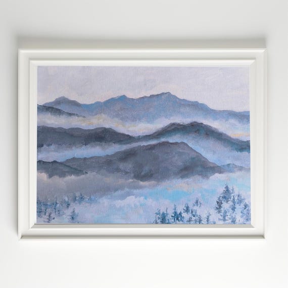 Mountain Wall Art Misty Landscape Print Blue Ridge Decor Foggy Hills Poster