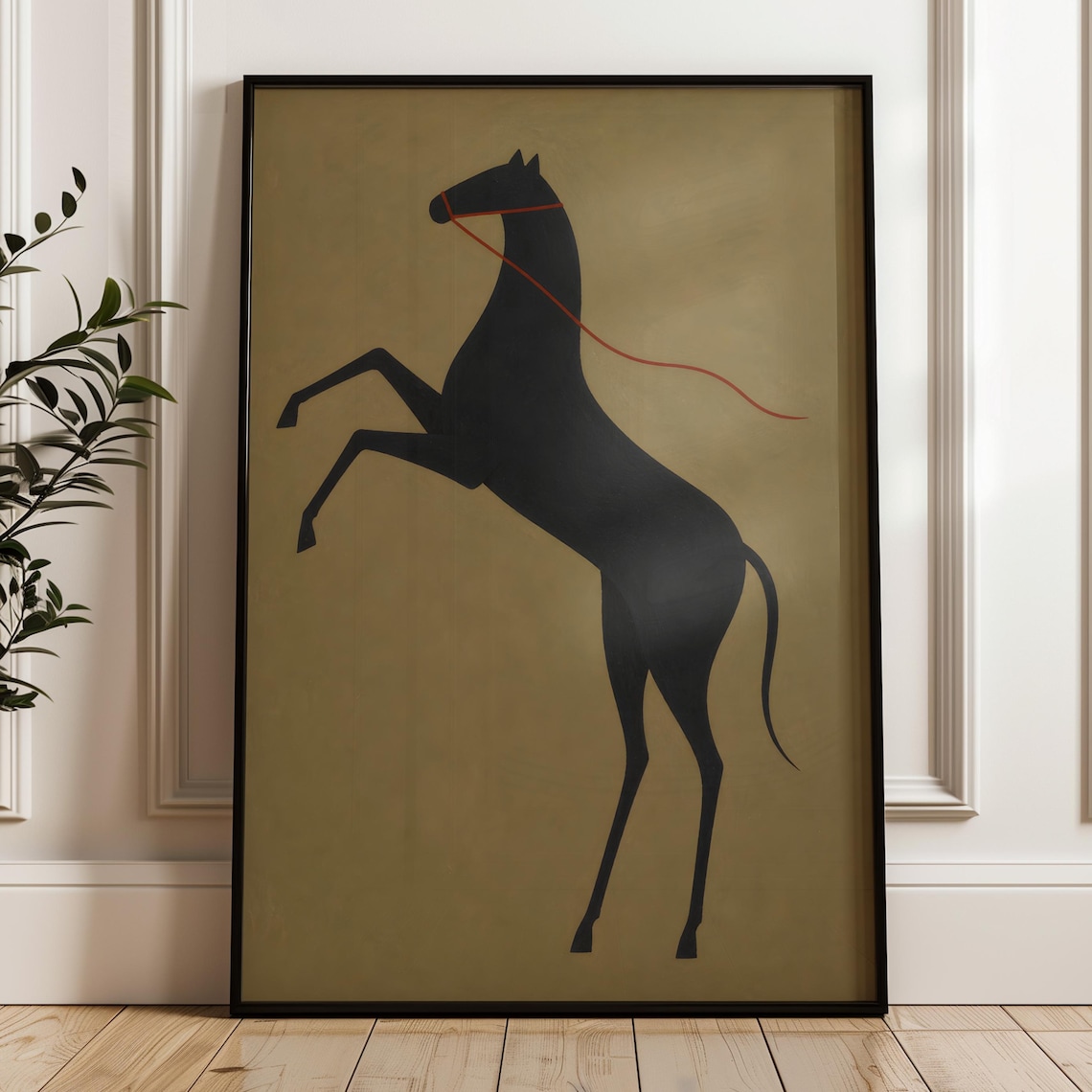Black Horse Silhouette Rearing Olive Green Modern Minimal Wall Art