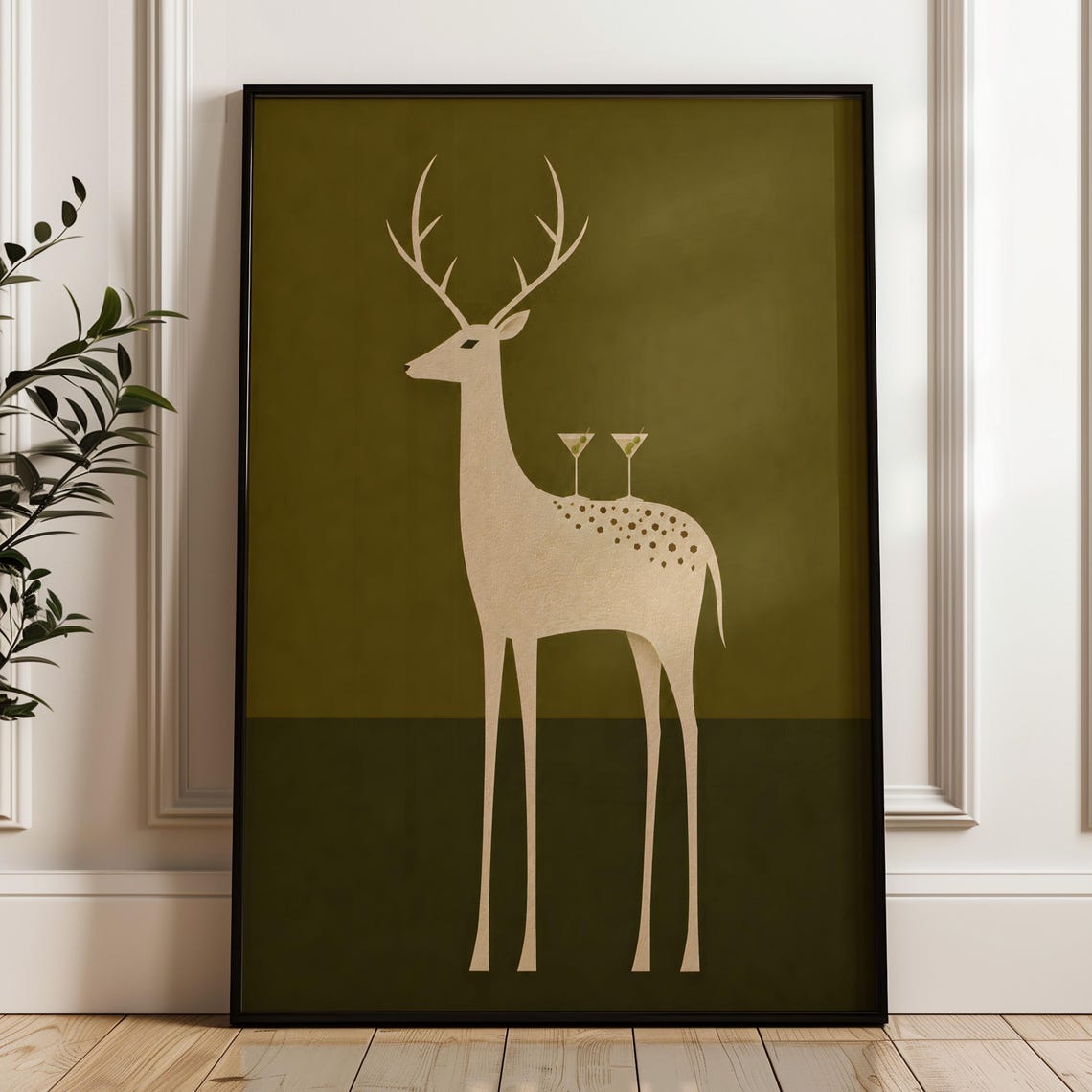 Abstract Reindeer Wall Art Martini Glasses Poster Minimalist Dopamine Decor Digital Download