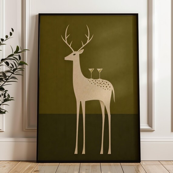 Abstract Reindeer Martini Glasses Whimsical Olive Cocktail Poster