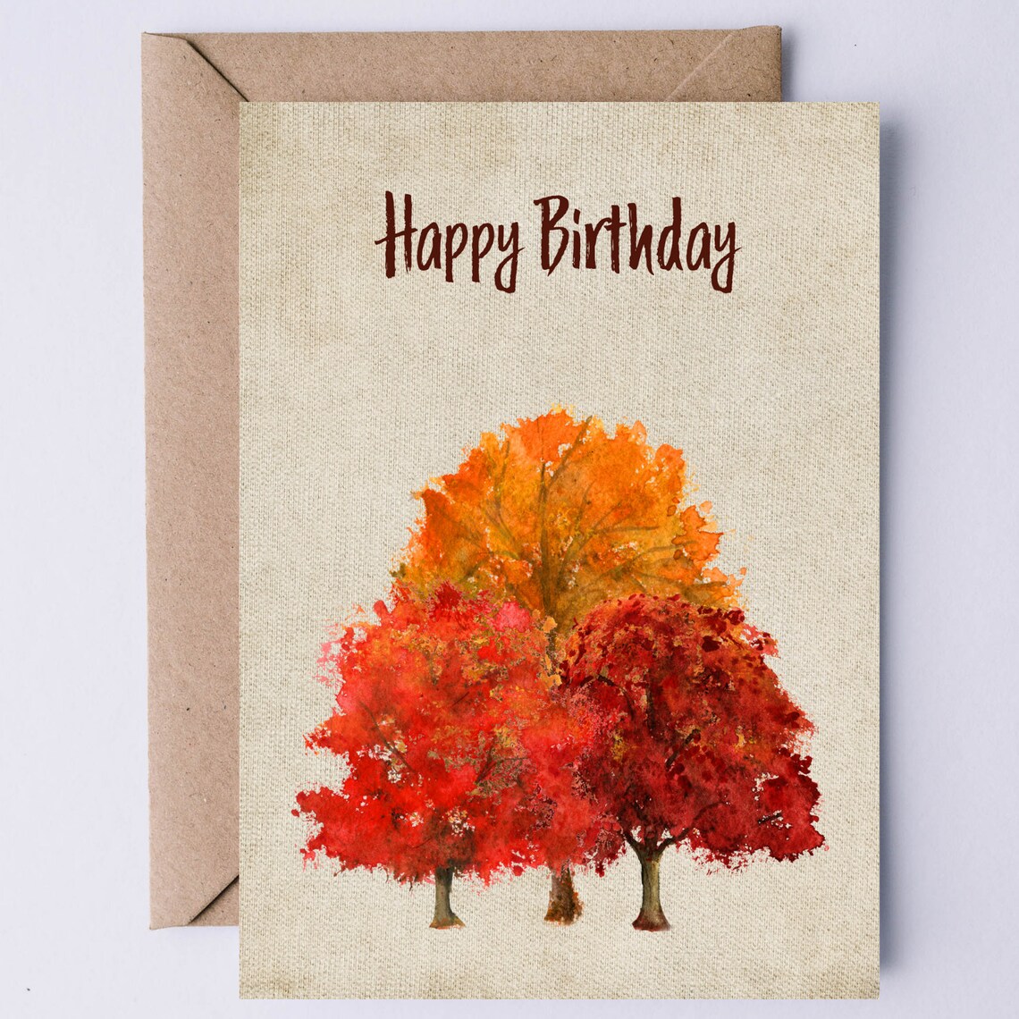 Happy Birthday Autumn Red Maple Trees Watercolor Fall Season Card