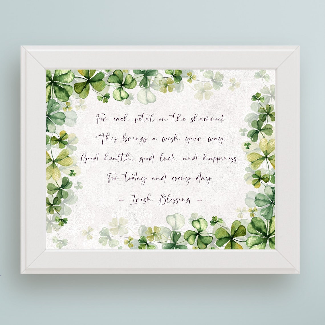 Irish Blessing Shamrock Wishes Watercolor Floral Border Art Print