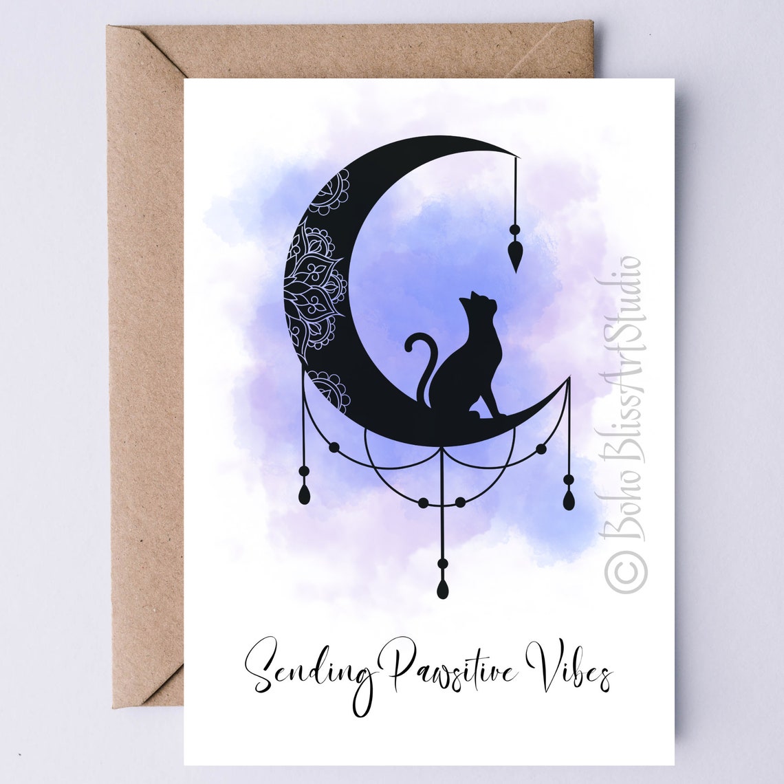 Sending Pawsitive Vibes Black Cat Crescent Moon Mandala Art Poster