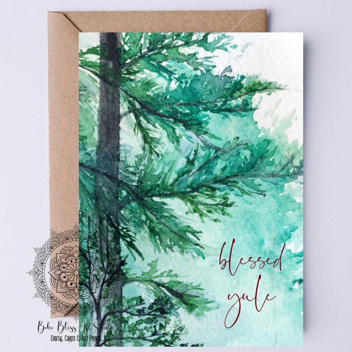 Blessed Yule Watercolor Evergreen Pine Branches Winter Solstice Card