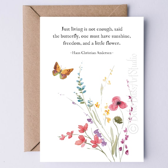 Hans Christian Andersen Butterfly Quote Card Just Living Is Not Enough Print