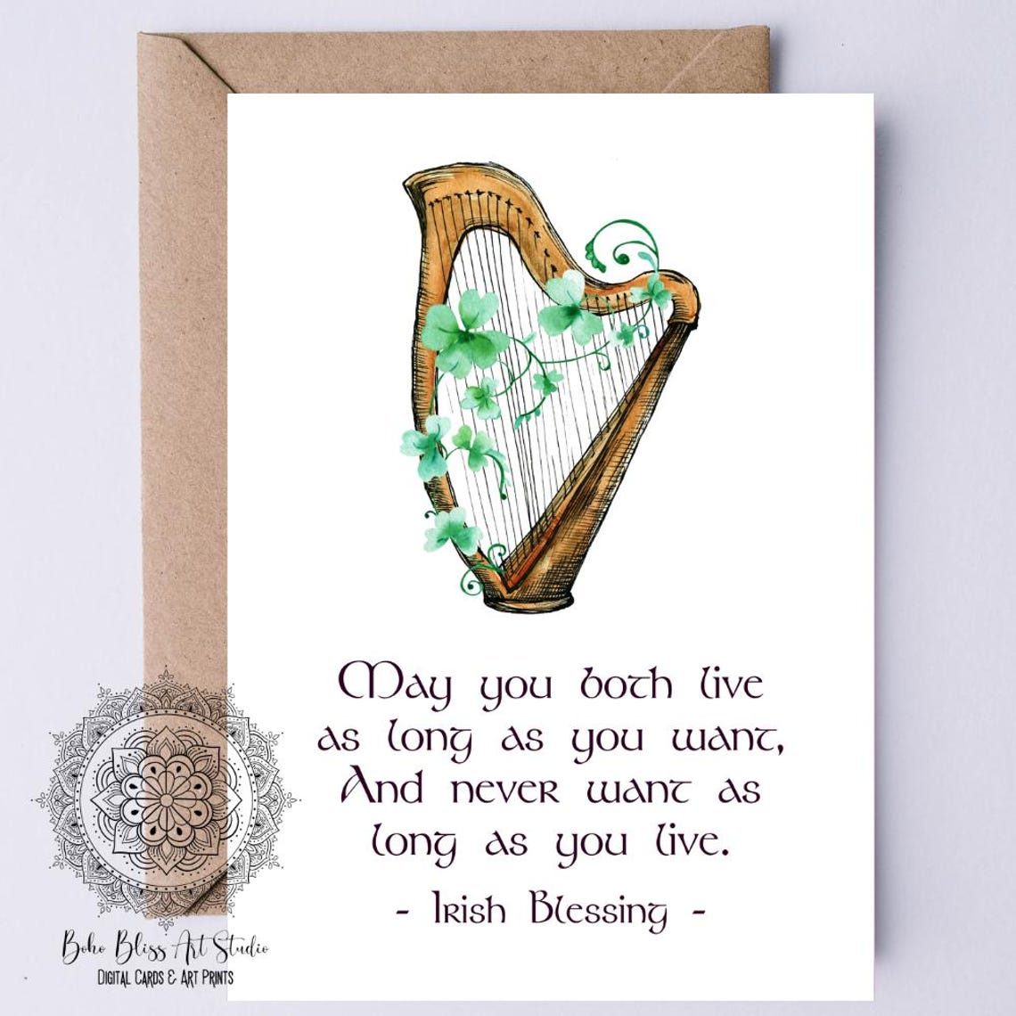 Irish Blessing Harp Shamrock Wedding Wishes Watercolor Greeting Card
