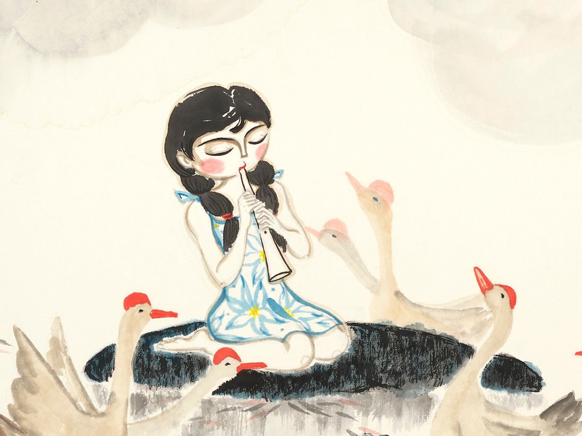 Girl And Geese Music Chinese Ink Painting Art Print - Image 3