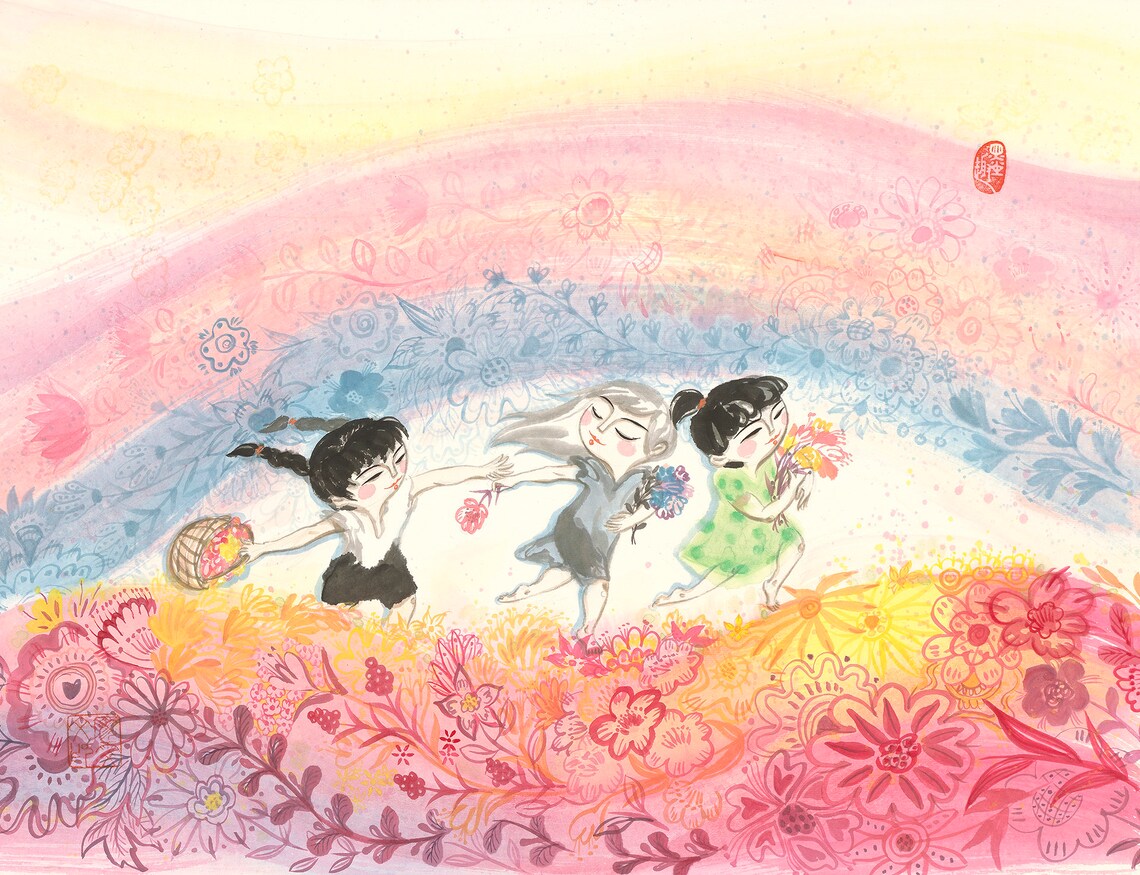 Chinese Ink Painting Flowers and Girls Art Print