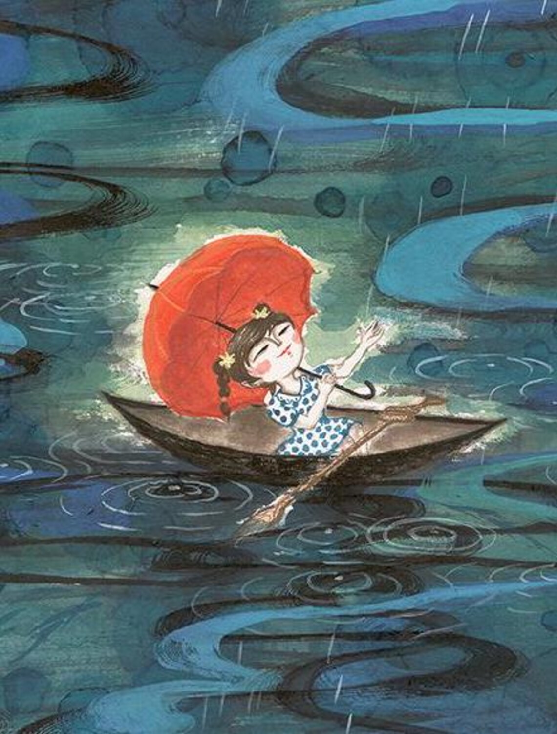 Girl With Red Umbrella Boat Rainy River Art Calm Night Poster - Image 4