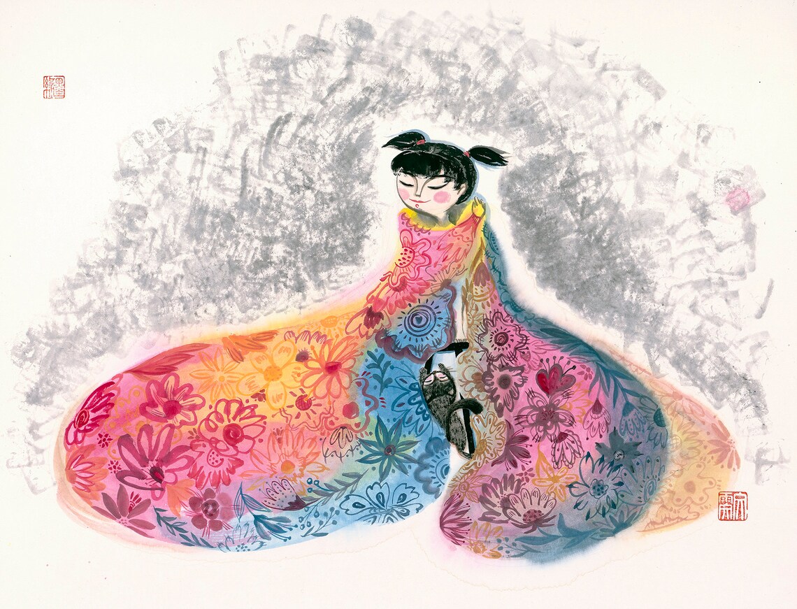 Chinese Ink Flowers and Girls Kids Room Art Print