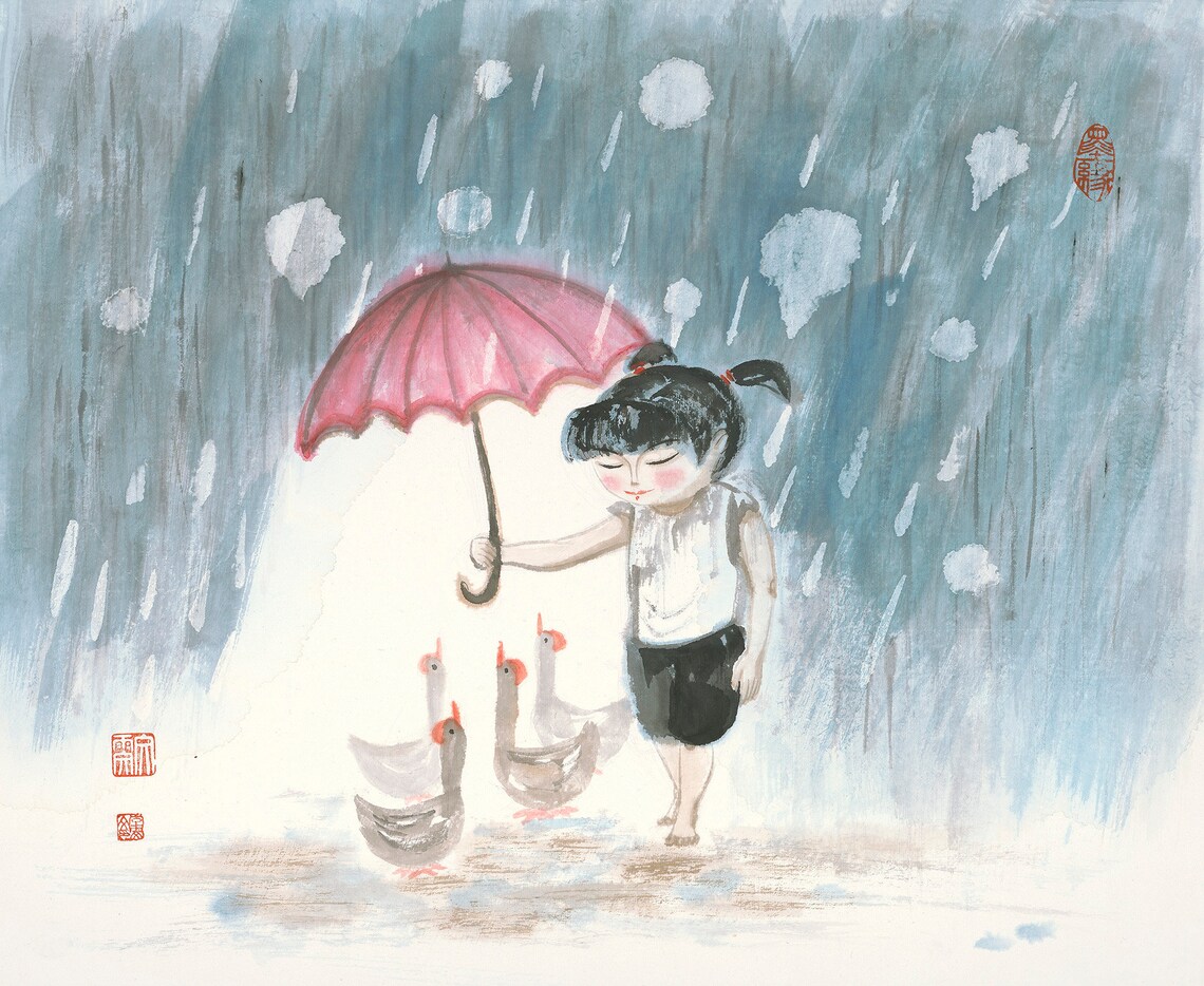 Girl and Geese Chinese Painting Wall Art Print