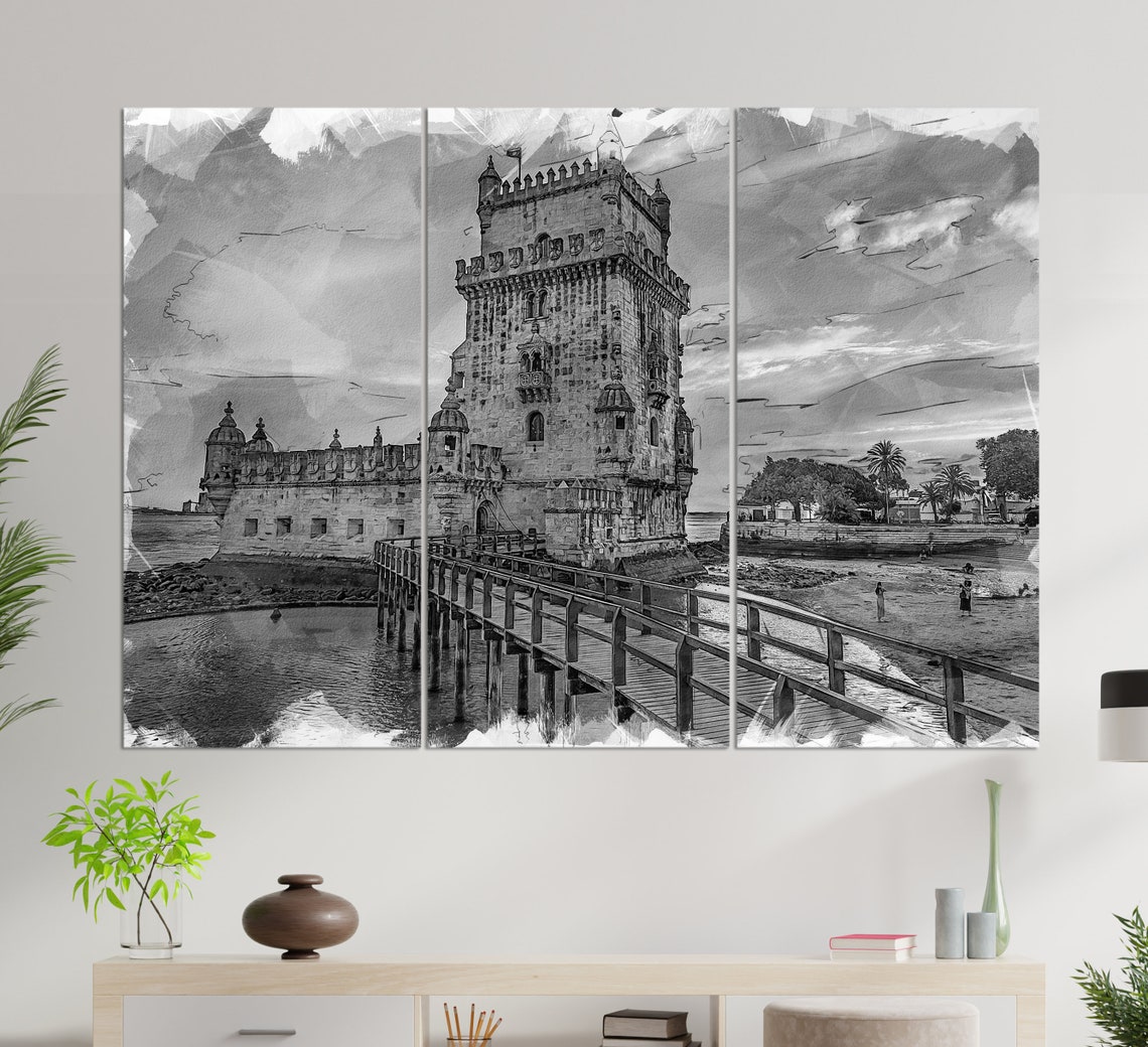 Belem Tower Lisbon Portugal Orange Sunset River Painted Travel Poster - Image 2
