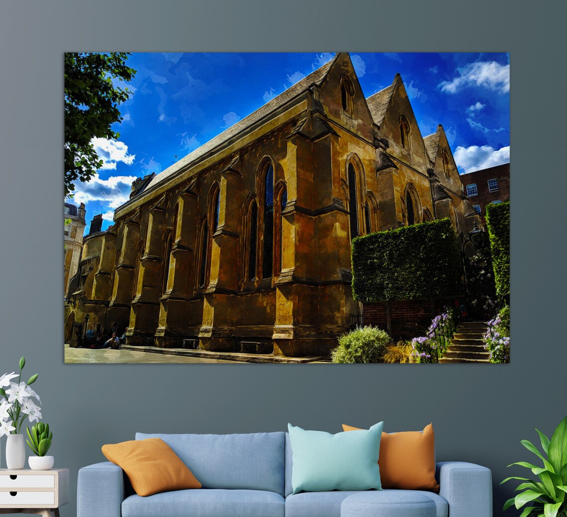 Temple Church London Historic Stone Chapel Blue Sky Watercolor Poster