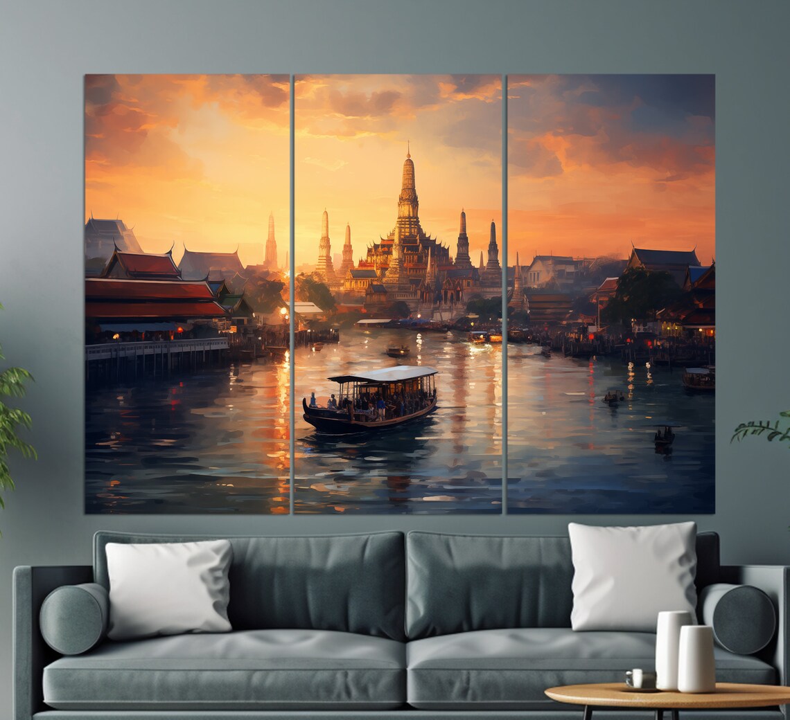 Misty Bangkok Sunset River With Golden Temples And Boat Travel Poster - Image 3