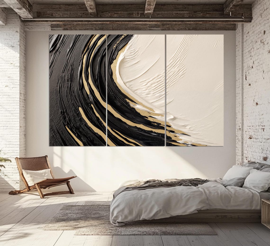 Black Beige Gold Abstract Wave Textured Modern Luxury Wall Art Print - Image 3