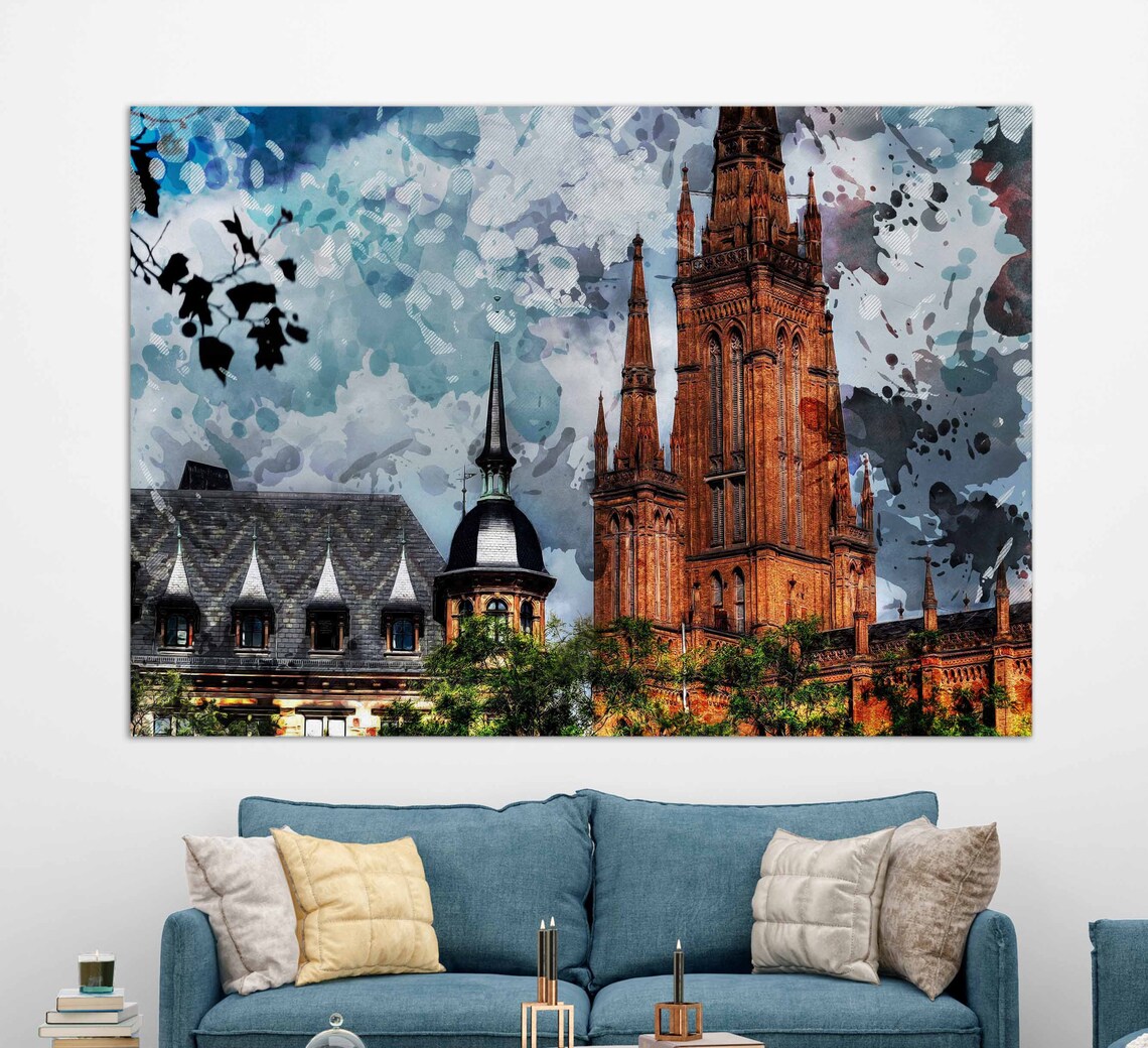 Wiesbaden Germany Red Brick Church Watercolor Landmark Travel Poster