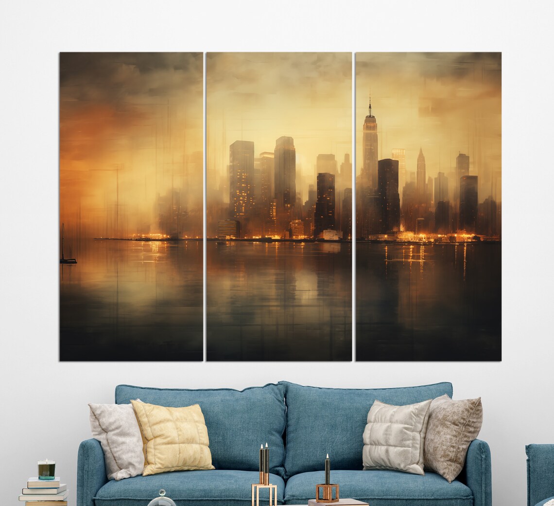 New York City Hazy Golden Skyline Evening Reflection Travel Poster - Image 2