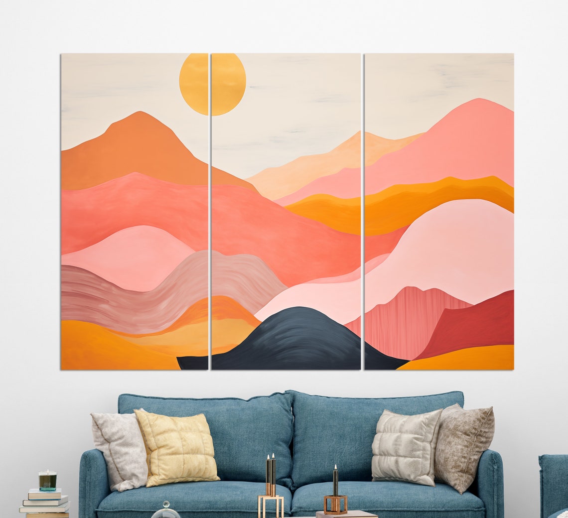 Boho Wall Art Orange Sun Over Pink And Orange Mountains Painting Minimalist Print Minimalist Wall Decor Boho Art - Image 3