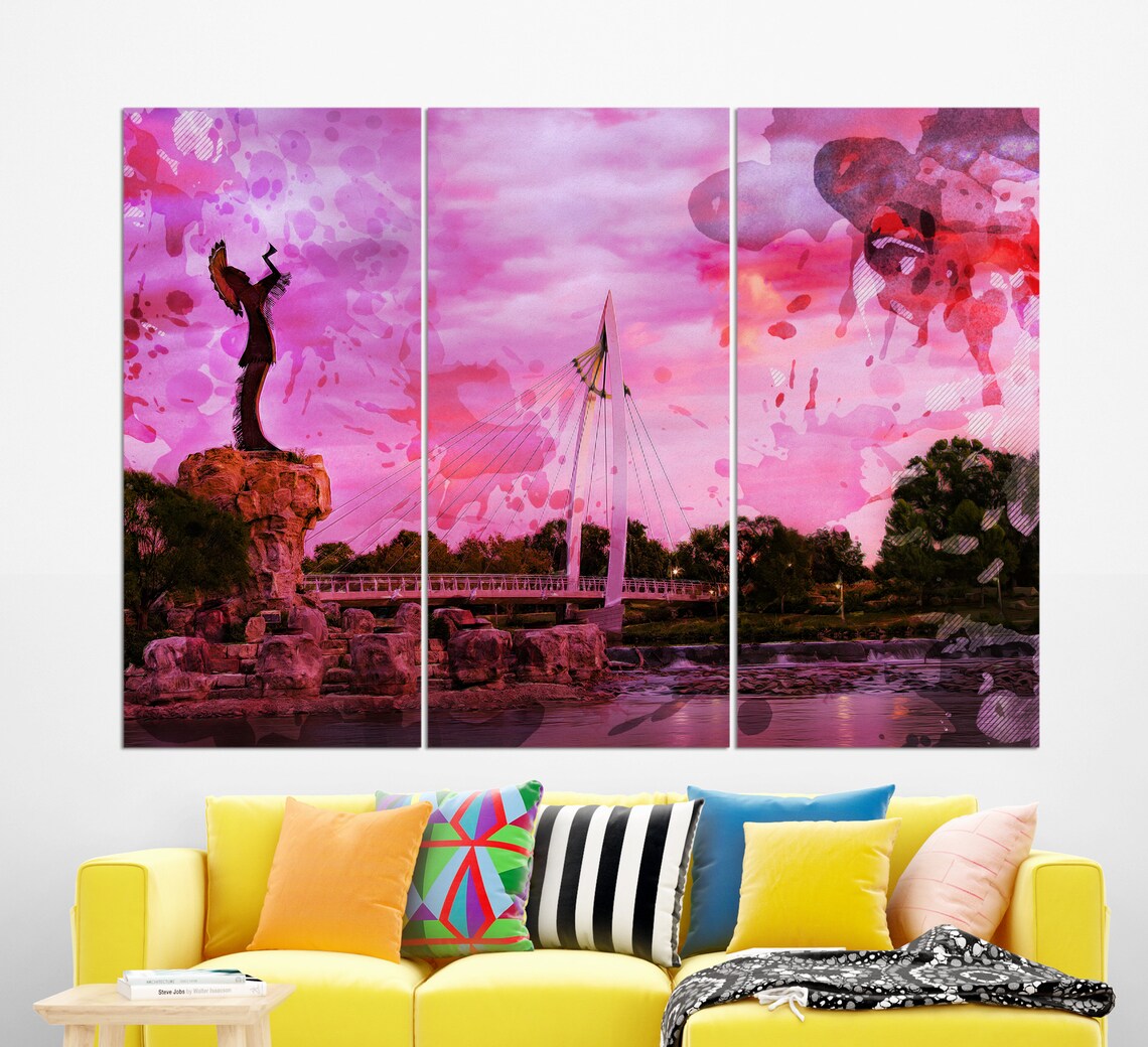 Wichita Kansas Keeper Of The Plains Bridge Pink Sky Triptych Poster