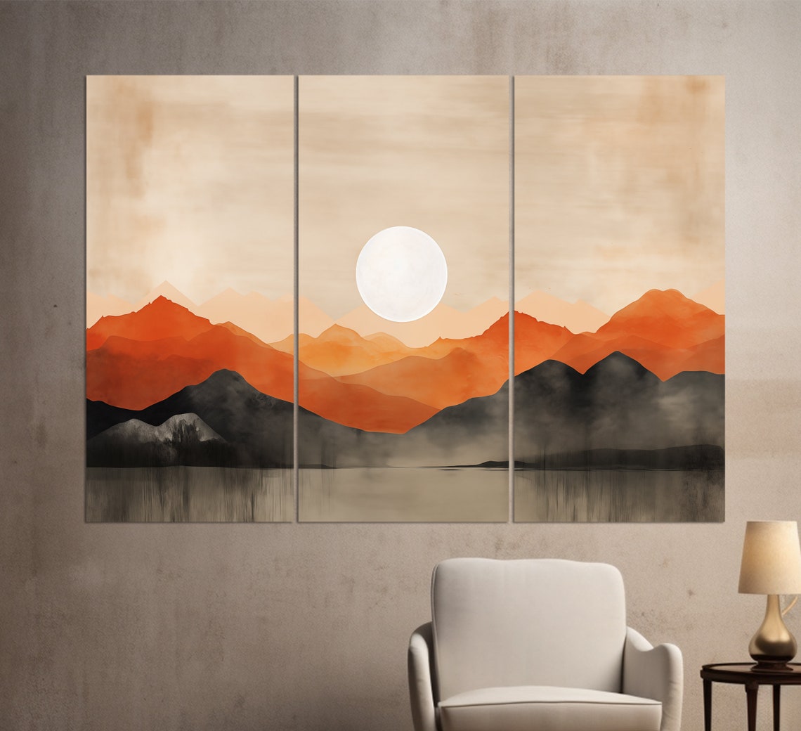 Boho Wall Art Boho Sun Over Orange Mountains Painting Mid Century Modern Print Orange Tones Minimalist Wall Decor Boho Art - Image 3