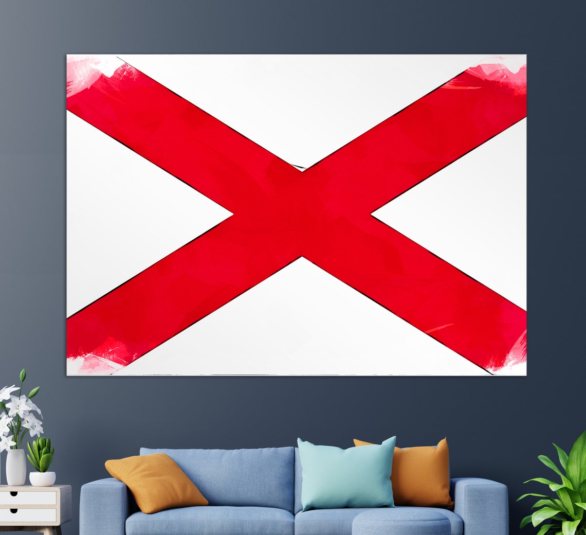 Alabama State Flag Crimson Cross Watercolor Patriotic Wall Art Poster