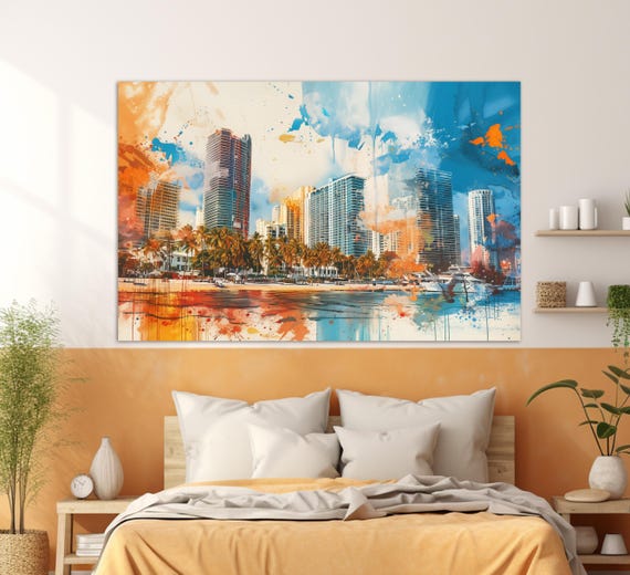 Miami Skyline Print Large Miami Wall Art Miami Painting Stunning Miami Sunset Art Florida
