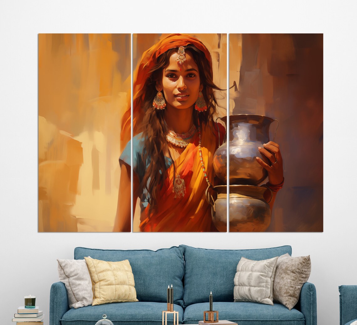 Indian Woman Water Pots Warm Golden Portrait Painting Art Print - Image 3