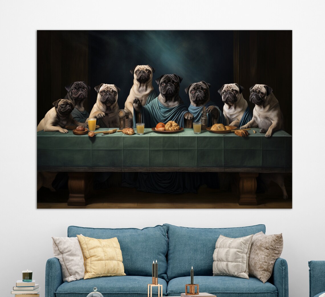 Dogs Having Dinner, Pugs Kitchen Wall Art Print