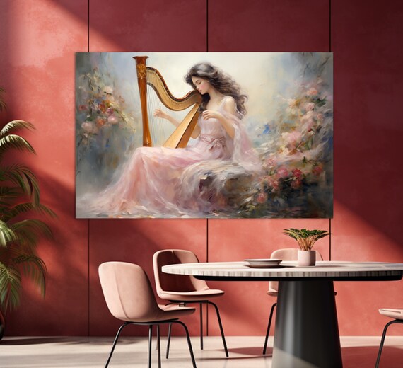Woman Playing Harp Romantic Floral Painting Soft Music Room Wall Art Print