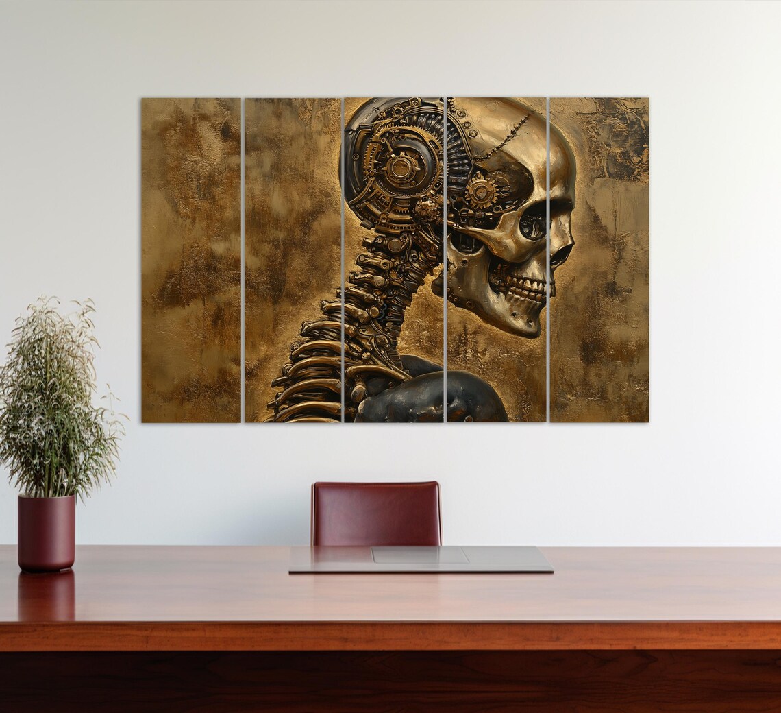 Steampunk Skull With Gear Spine Bronze Gothic Anatomy Office Wall Art - Image 2