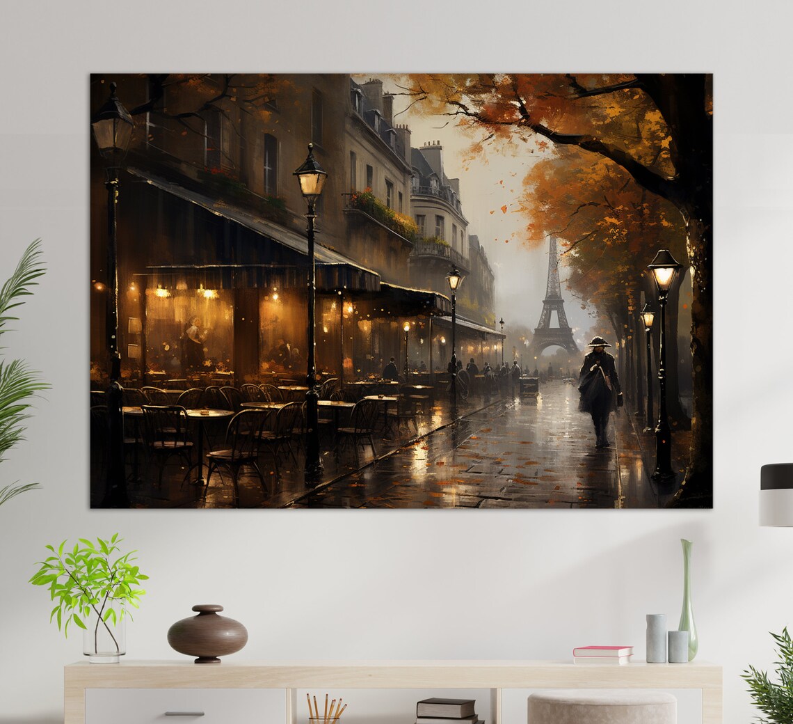 Romantic Paris Night Rainy Cafe Street Eiffel Tower Glow Travel Poster
