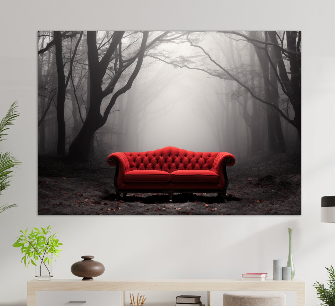 Red Sofa In Misty Forest Abstract Art Print