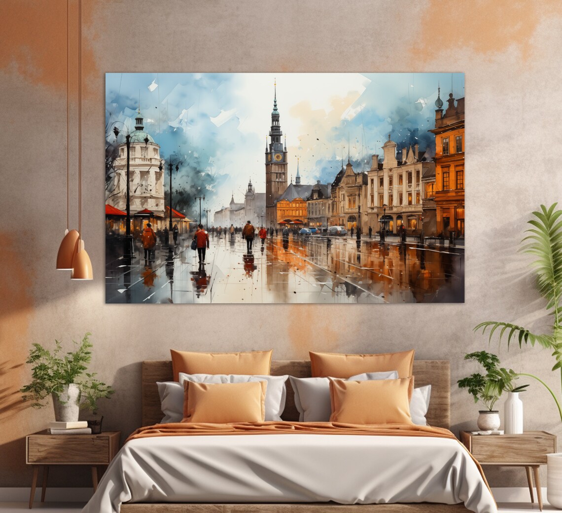 Warsaw Poland Rainy Old Town Street Watercolor Painting Travel Poster - Image 2