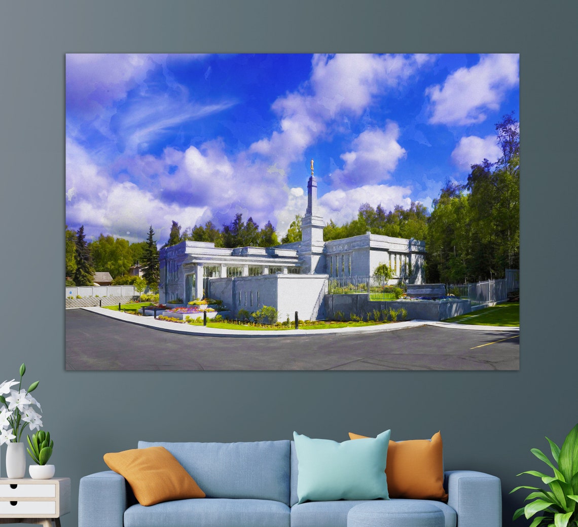 Anchorage Alaska Temple White Spire Under Blue Sky LDS Travel Poster