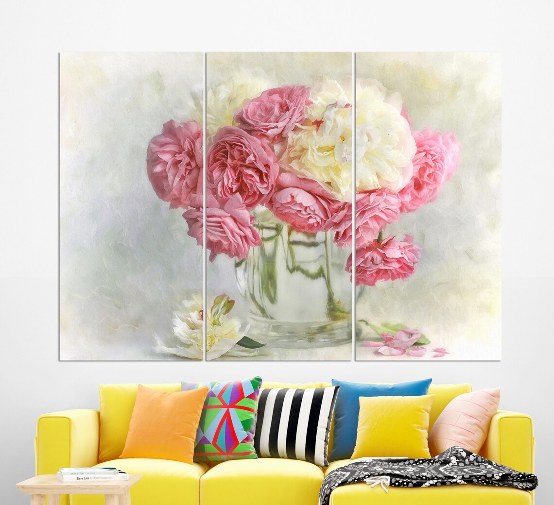 Pink Roses Bouquet In Glass Vase Soft Floral Painting Wall Art - Image 4