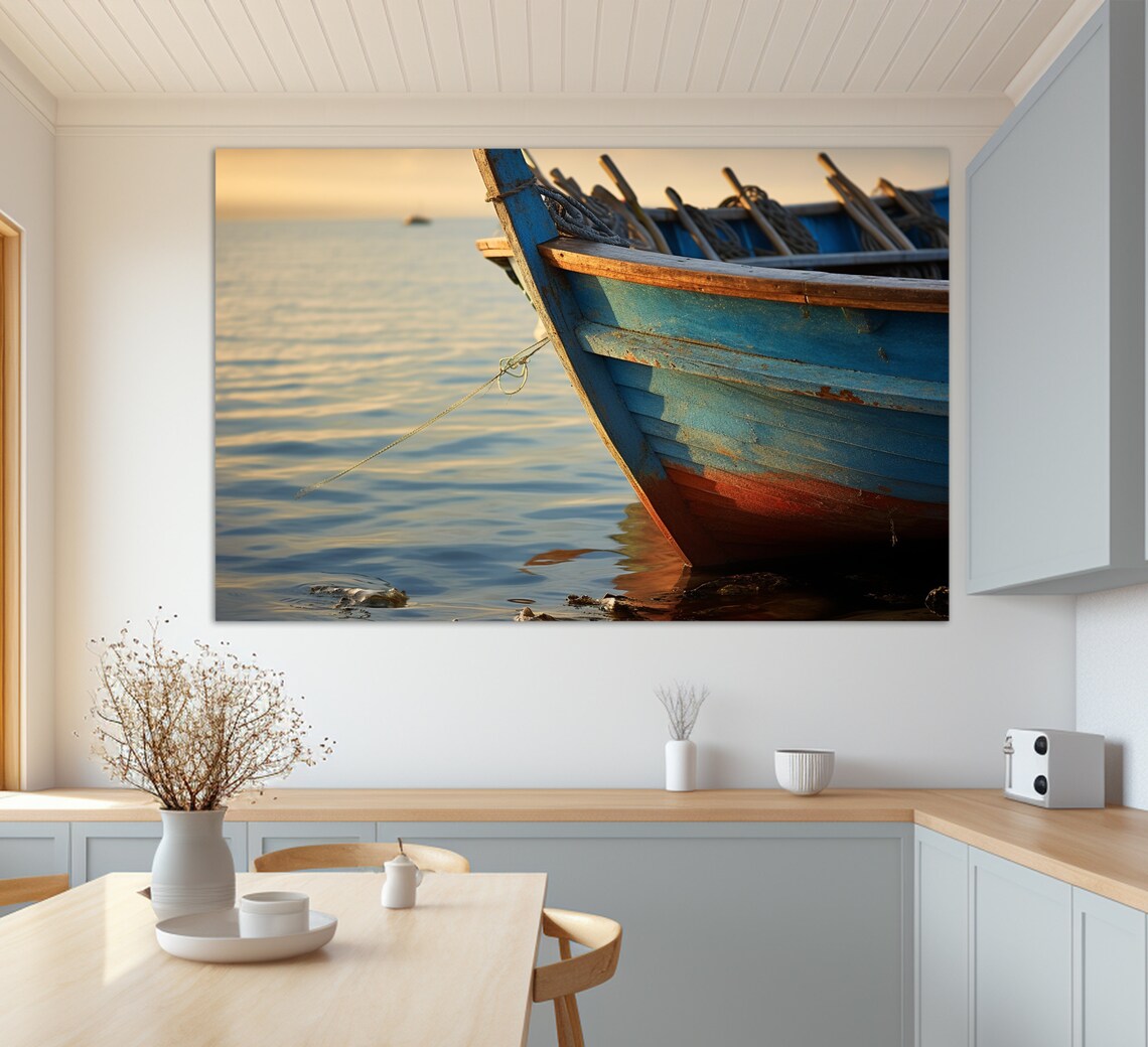 Old Blue Wooden Fishing Boat On Calm Sea Sunset Coastal Photo Poster - Image 3