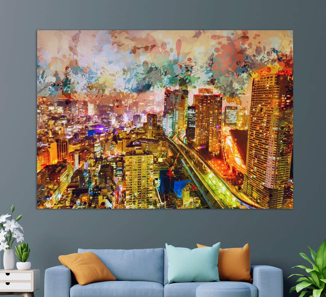 Tokyo Night Aerial Glowing City Lights Paint Splash Travel Poster
