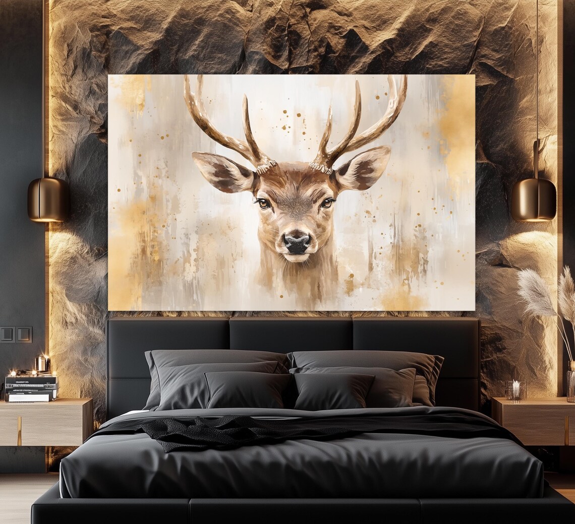Deer Stag Head Portrait Soft Beige Gold Painted Rustic Wildlife Print